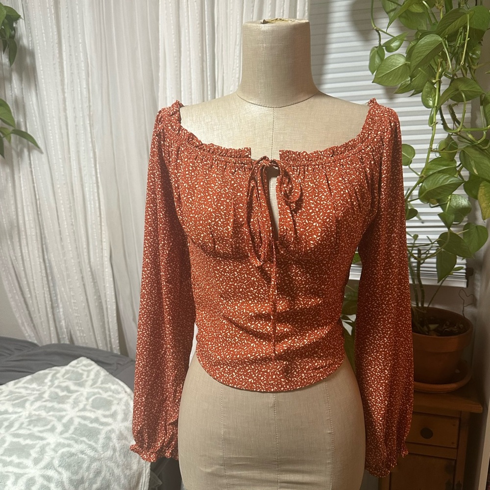 Active USA Rust Floral Tie-Front Peasant Blouse